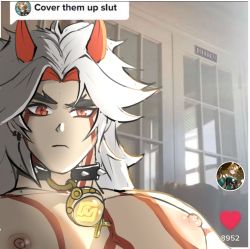 Rule 34 | cover them up slut (meme), forked eyebrows, highres, meme, pectoral focus, pectorals, solo, tagme