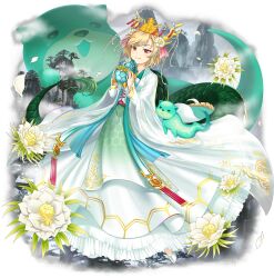 1girl :&lt; alternate_costume animal antlers blonde_hair closed_mouth clothing_request collarbone dragon_girl dragon_horns dragon_tail falling_petals flower flower_request frown game_cg gold_tiara green_scales green_tail hair_flower hair_ornament hairpin highres horns kicchou_yachie long_sleeves looking_at_viewer multiple_hairpins official_art otter otter_spirit_(touhou) oversized_animal petals red_eyes rotte_(1109) short_hair smile solo tail tiara touhou touhou_lostword transparent_background turtle_shell white_flower white_petals yellow_horns