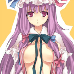 Rule 34 | 1girl, :&lt;, bad id, bow, breasts, cleavage, female focus, hanasaki mahiru, large breasts, long hair, lowres, no bra, open clothes, open shirt, patchouli knowledge, pink bow, purple eyes, purple hair, ribbon, shirt, solo, touhou, underboob