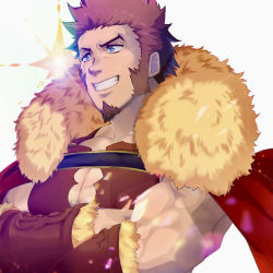 Rule 34 | 1boy, alternate costume, armor, bara, blue eyes, borrowed clothes, bracer, breastplate, brown hair, cape, cleavage cutout, clothing cutout, cosplay, cross scar, crossed arms, facial hair, fate/grand order, fate (series), fur-trimmed cape, fur trim, gatta (gatta reve cat), goatee, grin, iskandar (fate), iskandar (fate) (cosplay), large pectorals, leather, long sideburns, looking to the side, male focus, mature male, multiple boys, muscular, muscular male, napoleon bonaparte (fate), pectoral cleavage, pectorals, red cape, scar, scar on chest, short hair, sideburns, smile, solo, sparkle, upper body