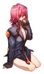 Rule 34 | 1girl, absurdres, bare legs, blue jacket, borrowed clothes, breasts, brown eyes, cleavage, collarbone, eyes visible through hair, full body, hair between eyes, hair over one eye, highres, izayoi aki, jacket, long sleeves, medium breasts, naked jacket, naoki (2rzmcaizerails6), open clothes, open jacket, pink hair, short hair with long locks, sidelocks, simple background, sitting, sleeves past wrists, solo, white background, yu-gi-oh!, yu-gi-oh! 5d&#039;s