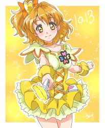 Rule 34 | 1girl, blonde hair, bow, breasts, chocokin, choker, collarbone, corset, cowboy shot, cure pine, dated, fresh precure!, hair bow, hair ornament, heart, heart hair ornament, holding, layered skirt, looking at viewer, miniskirt, orange bow, orange eyes, orange ribbon, pleated skirt, precure, ribbon, short hair, side ponytail, signature, skirt, small breasts, solo, standing, wrist cuffs, yellow skirt