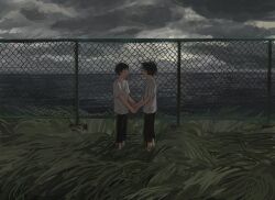 Rule 34 | 2boys, black hair, black pants, floating hair, grass, grey sky, highres, holding hands, looking at another, male focus, minahamu, multiple boys, original, outdoors, pants, profile, scenery, shirt, short hair, short sleeves, sky, storm cloud, water, white shirt, wind, wire fence