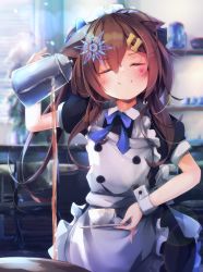 Rule 34 | 1girl, animal ears, apron, black dress, blue bow, blue bowtie, blush, bow, bowtie, cafe, collared dress, commission, cup, dress, closed eyes, facial tattoo, female focus, hair ornament, highres, holding, holding teapot, maid, maid headdress, matamataro, paw print, pouring, puffy short sleeves, puffy sleeves, short sleeves, smile, solo, tattoo, tea, teacup, teapot, vroid, wrist cuffs