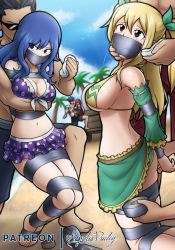 Rule 34 | 3boys, 3girls, absurdres, arms behind back, ass, bare shoulders, barefoot, bdsm, beach, belly, bikini, blonde hair, blue eyes, blue hair, bound, breasts, brown eyes, chloroform, cleavage, collarbone, erza scarlet, fairy tail, feet, gag, highres, holding, improvised gag, juvia lockser, kidnapped, kidnapping, large breasts, long hair, looking at another, looking back, lucy heartfilia, magnolia-baillon, midriff, multiple boys, multiple girls, navel, red hair, sand, sideboob, sweat, swimsuit, tape, tape bondage, tape gag, tattoo