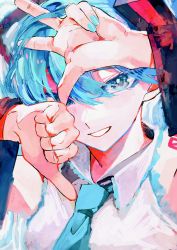 Rule 34 | 1girl, arms up, blue eyes, blue hair, blue nails, blue necktie, blush, collared shirt, commentary request, hatsune miku, highres, looking at viewer, nail polish, necktie, open mouth, shirt, sion001250, smile, solo, teeth, thumbs down, upper body, vocaloid, w