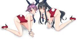 Rule 34 | absurdres, all fours, animal ears, ass, bare legs, black hair, black neckwear, blush, boots, breasts, closed mouth, collar, commentary request, dated, detached collar, fake animal ears, fake tail, gradient background, hair between eyes, high heel boots, high heels, highres, kantai collection, leotard, long hair, medium breasts, necktie, nitamako (sakamalh), playboy bunny, ponytail, purple eyes, purple hair, rabbit ears, rabbit tail, red eyes, red footwear, red leotard, sakawa (kancolle), scrunchie, short hair, sidelocks, simple background, smile, tail, twitter username, white background, white neckwear, wrist cuffs, yahagi (kancolle)
