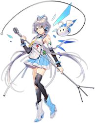 Rule 34 | antenna hair, ark order, bare shoulders, black socks, blue footwear, blue nails, blue skirt, boots, detached sleeves, green eyes, grey hair, headphones, holding, holding microphone stand, kneehighs, long hair, looking at viewer, low twintails, luo tianyi, microphone, microphone stand, nail polish, official art, pleated skirt, shirt, single kneehigh, single sock, single thighhigh, single wing, skirt, sleeves past wrists, socks, solo, tachi-e, thighhighs, tian dian, tidsean, transparent background, twintails, very long hair, vocaloid, vsinger, white footwear, white shirt, wings