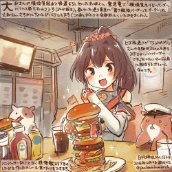 Rule 34 | 10s, 1girl, 2016, admiral (kancolle), animal, brown eyes, brown hair, burger, cherry blossoms, cola, colored pencil (medium), dated, detached sleeves, drink, flower, food, hair flower, hair ornament, hamster, kantai collection, kirisawa juuzou, long hair, non-human admiral (kancolle), numbered, ponytail, stack, traditional media, translation request, twitter username, yamato (kancolle)