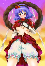 Rule 34 | 1girl, bad id, bad pixiv id, bloomers, blue hair, blush, breasts, clothes lift, dress, dress lift, female focus, hair ornament, leaf hair ornament, michii yuuki, mirror, open mouth, red eyes, rope, shimenawa, short hair, solo, sweat, touhou, underboob, underwear, undressing, white bloomers, yasaka kanako