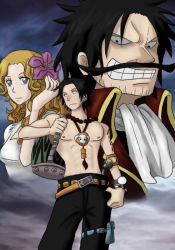 Rule 34 | 1girl, 2boys, backpack, bag, black hair, black shorts, blonde hair, bracelet, facial hair, family, father and son, freckles, gol d. roger, husband and wife, jewelry, multiple boys, muscular, mustache, necklace, one piece, portgas d. ace, portgas d. rouge, shorts, smile, stampede string, tattoo, teeth, thigh strap, topless