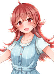 Rule 34 | 1girl, :d, ahoge, blue dress, blue shirt, blush, collarbone, commentary request, dress, hair between eyes, head tilt, highres, idolmaster, idolmaster shiny colors, komiya kaho, long hair, looking at viewer, noa yj, open mouth, red eyes, red hair, shirt, short sleeves, simple background, sleeveless, sleeveless dress, smile, solo, striped clothes, striped dress, vertical-striped clothes, vertical-striped dress, very long hair, white legwear