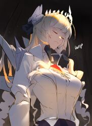 Rule 34 | 1girl, blonde hair, breasts, closed eyes, coat, collared shirt, crown (nikke), diadem, drill hair, goddess of victory: nikke, hair ornament, headgear, jewelry, large breasts, long hair, necklace, rakaieye, shirt, solo, unfinished, white coat, white shirt