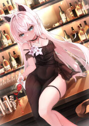 Rule 34 | 1girl, absurdres, ahoge, animal ears, bar (place), black dress, blue eyes, bottle, breasts, cat ears, choker, cleavage, cup, dress, drinking glass, dutch angle, earrings, flower, grey hair, highres, jewelry, long hair, looking at viewer, medium breasts, nail polish, necklace, original, pink hair, see-through, see-through sleeves, side slit, single sleeve, solo, wine glass, yeosi