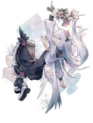 1girl absurdres azusa_(blue_archive) black_dress black_sailor_collar blue_archive dress falling flower frilled_skirt frills hair_flower hair_ornament highres holding holding_flower jacket low_wings pink_eyes rfsky sailor_collar school_uniform shoes skirt socks solo white_hair white_jacket wings