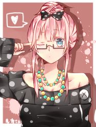 Rule 34 | 1girl, glasses, heart, heart-shaped pupils, highres, jewelry, megurine luka, necklace, pink hair, reinara, solo, symbol-shaped pupils, vocaloid, wink