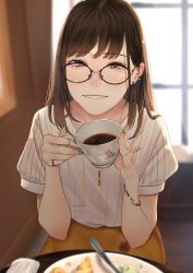 Rule 34 | 1girl, black-framed eyewear, blurry, blurry foreground, blush, bracelet, brown eyes, brown hair, cup, earrings, food, glasses, hands up, highres, holding, holding cup, indoors, jewelry, long hair, necklace, original, parted lips, plate, ring, saitou (lynx-shrike), shirt, short sleeves, sitting, smile, solo, striped clothes, striped shirt, table, white shirt, window