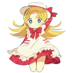 Rule 34 | + +, 1girl, arm behind head, ashita no nadja, ayu (mog), blonde hair, blue eyes, blush, bow, brooch, checkered clothes, checkered dress, dress, hat, hat bow, heart, heart brooch, long hair, looking at viewer, nadja applefield, porkpie hat, simple background, solo, white background