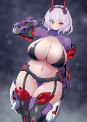 Rule 34 | 1girl, alternate hair color, alternate hairstyle, arm up, auv susanowo, bikini, black bikini, blush, breasts, cleavage, curvy, garter straps, green eyes, heterochromia, highres, huge breasts, impossible clothes, looking at viewer, mecha musume, mechanical arms, mechanical legs, megami device, navel, red eyes, shiny skin, short hair, skindentation, solo, standing, subten, swimsuit, thick thighs, thighs, white hair, wide hips
