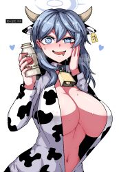 Rule 34 | 1girl, ako (blue archive), alternate costume, animal ears, animal print, bell, belt collar, blue archive, blue eyes, blue hair, blush, bottle, breasts, collar, cow ears, cow horns, cow print, cowbell, drooling, ear tag, formicid, hair between eyes, halo, hand on own cheek, hand on own face, heart, horns, huge breasts, jaggy lines, long hair, long sleeves, looking at viewer, milk, milk bottle, mouth drool, neck bell, open mouth, simple background, solo, sweat, white background