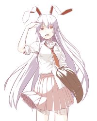 Rule 34 | 1girl, animal ears, dress shirt, female focus, highres, kawashina (momen silicon), long hair, necktie, open mouth, pleated skirt, purple hair, rabbit ears, red eyes, red necktie, reisen udongein inaba, shirt, simple background, skirt, sleeves rolled up, solo, sweat, touhou, very long hair, white background