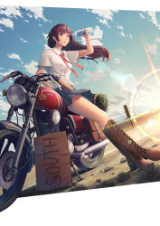 Rule 34 | 1girl, :o, blue skirt, boots, bottle, brown footwear, brown hair, cloud, collared shirt, commentary request, high heel boots, high heels, highres, leaning on object, lens flare, long hair, motor vehicle, motorcycle, original, pleated skirt, red neckwear, road, road sign, rock, school uniform, shirt, short sleeves, sign, skirt, sky, solo, sunlight, thighs, water bottle, weeds, white shirt, yumemizuki
