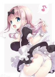 Rule 34 | 1girl, :d, alternate costume, apron, ass, black bow, black dress, blue eyes, blunt bangs, bow, breasts, commentary request, copyright request, dress, eighth note, enmaided, fingernails, frilled apron, frills, fujiwara chika, hair bow, hand up, highres, kaguya-sama wa kokurasetai ~tensai-tachi no renai zunousen~, large breasts, leaning forward, long hair, looking at viewer, looking back, maid, musical note, neki (wakiko), open mouth, panties, pink hair, puffy short sleeves, puffy sleeves, short sleeves, smile, solo, thighhighs, underwear, very long hair, waist apron, white apron, white panties, white thighhighs, wrist cuffs