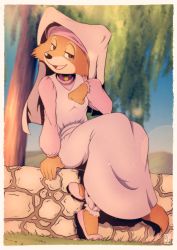 Rule 34 | 1girl, absurdres, animal nose, arm at side, artist name, blurry, blurry background, body fur, border, brooch, brown eyes, dress, female focus, fox-pop vli, fox girl, fox tail, full body, furry, furry female, grass, habit, half-closed eyes, hand up, happy, highres, jewelry, long sleeves, looking at viewer, maid marian (disney), open mouth, orange fur, pinafore dress, pink dress, pink footwear, pink headwear, pink shirt, retro artstyle, robin hood (disney), shirt, shoes, sitting, sleeveless, sleeveless dress, smile, snout, solo, tail, tree, two-tone fur, watermark, white border, white fur, willow