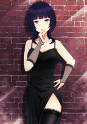 Rule 34 | 1girl, asaka karin, bare shoulders, black dress, black hair, black thighhighs, blue eyes, blunt bangs, breasts, brick wall, bridal gauntlets, cleavage, collarbone, dress, hand on own hip, hand up, highres, ichiban577, jewelry, lace, lace-trimmed legwear, lace trim, large breasts, looking at viewer, love live!, love live! nijigasaki high school idol club, medium hair, mole, mole on collarbone, parted lips, pendant, side slit, solo, spaghetti strap, thighhighs