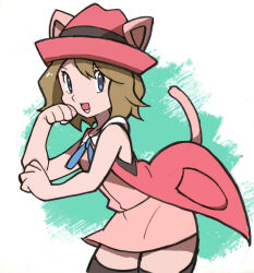 Rule 34 | 1girl, animal ears, bare shoulders, bent, black thighhighs, blonde hair, blue eyes, blue ribbon, bravefarm2, breasts, cat ears, cat tail, clenched hands, coat, collared dress, cowboy shot, creatures (company), dress, eyelashes, game freak, green background, highres, nintendo, open mouth, overcoat, pink dress, pink headwear, pokemon, pokemon (anime), pokemon xy (anime), ribbon, serena (pokemon), short hair, simple background, sleeveless, small breasts, solo, standing, tail, thighhighs, white background, zettai ryouiki