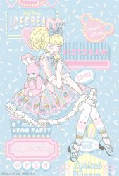 Rule 34 | 1girl, ad, angelic pretty, animal, animal ears, blonde hair, blue bow, blue eyes, bow, cherry, copyright name, curly hair, dress, eating, fashion, food, frills, fruit, hair ornament, hairband, high heels, holding, holding food, ice cream, ice cream cone, kira imai, leggings, lolita fashion, lolita hairband, md5 mismatch, neon lights, official art, patterned clothing, pink bunny, postcard, printed dress, product placement, rabbit, rabbit ears, real life, resolution mismatch, short twintails, sign, source larger, sprinkles, striped clothes, striped dress, stuffed animal, stuffed rabbit, stuffed toy, twintails