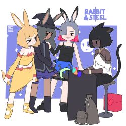 Rule 34 | 4girls, animal ears, arm wrap, asha (rabbit and steel), assassin rabbit, bag, black eyes, black hair, black shirt, black skirt, blonde hair, blue gemstone, blunt bangs, bow, cat ears, cat girl, cat tail, closed mouth, commentary, copyright name, crescent, dancer rabbit, dark-skinned female, dark skin, detached sleeves, english commentary, full body, gem, grey hair, grey skirt, hair over one eye, highres, kunai, long bangs, long sleeves, looking at another, looking to the side, mbq, medium bangs, multicolored hair, multiple girls, off-shoulder shirt, off shoulder, open mouth, orange bow, orange gemstone, pink hair, purple gemstone, purple skirt, rabbit and steel, rabbit ears, rabbit girl, red gemstone, reverse grip, ribbon-trimmed skirt, ribbon-trimmed tube top, ribbon trim, shirt, short hair, sitting, skirt, sleeve bow, smile, standing, stool, strapless, tail, tube top, two-tone hair, weapon, white shirt, wizard rabbit, yellow skirt, yellow sleeves, yellow tube top