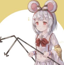 Rule 34 | 1girl, :3, animal ears, blush, bow, brooch, brown background, closed mouth, collared shirt, commentary, dowsing rod, eighth note, english commentary, granblue fantasy, hair bow, heart, heart brooch, highres, hikari niji, jewelry, long sleeves, midriff, mouse ears, musical note, navel, pleated skirt, red bow, red eyes, shirt, silver hair, skirt, solo, striped, striped bow, touhou, two-tone background, v-shaped eyebrows, vikala (granblue fantasy), white background, white shirt, white skirt, wide sleeves