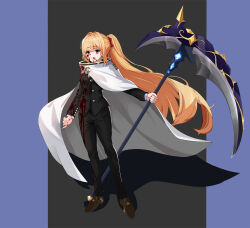Rule 34 | 1girl, black jacket, black pants, blonde hair, blood, blood on clothes, blood on face, bow, breasts, brown footwear, cape, gold trim, hair bow, hair intakes, high ponytail, holding, holding scythe, jacket, library of ruina, licking lips, long hair, looking to the side, medium breasts, original, pants, project moon, red bow, red eyes, scythe, sidelocks, solo, tongue, tongue out, ttung-i, very long hair, white cape