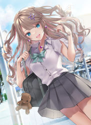 Rule 34 | 1girl, akatsuki hijiri, bag, blue eyes, blue necktie, blue sky, breasts, brown hair, cloud, cloudy sky, collared shirt, day, earphones, earrings, grey skirt, hair between eyes, hair ornament, heart, heart necklace, highres, jewelry, long hair, looking at viewer, necklace, necktie, open mouth, original, outdoors, school bag, school uniform, shirt, short sleeves, skirt, sky, small breasts, smile, solo, stuffed animal, stuffed toy, teddy bear, thighhighs, town, two side up, white shirt, x hair ornament, zettai ryouiki