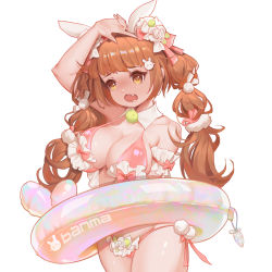 Rule 34 | 1girl, animal ears, arm garter, arm up, artist name, b-anma, bikini, blush, bow, breasts, brown eyes, brown hair, cleavage, copyright request, cowboy shot, detached collar, fang, frilled bikini, frills, groin, hair ornament, hair ribbon, hairclip, halterneck, highres, innertube, innertube with ears, large breasts, long hair, looking away, multi-tied hair, open mouth, pink bikini, pink bow, pom pom (clothes), rabbit ears, rabbit hair ornament, ribbon, saliva, side-tie bikini bottom, simple background, solo, strap gap, swim ring, swimsuit, twintails, yellow eyes