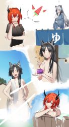 Rule 34 | 3girls, :d, ?, absurdres, animal ears, arknights, beach, black hair, black shirt, blue robe, breasts, card, cat ears, clenched teeth, demon horns, dog ears, eugle na, facial mark, food, forehead mark, fruit, grey hair, grey shirt, hair between eyes, hair over breasts, highres, holding, holding card, horns, hot tub, light censor, long hair, multiple girls, nude, official alternate costume, one eye closed, open mouth, outdoors, purple eyes, robe, saga (arknights), schwarz (arknights), shirt, sketch, small breasts, smile, spoken food, surtr (arknights), surtr (liberte echec) (arknights), sweatdrop, teeth, thought bubble, water, watermelon, yellow eyes
