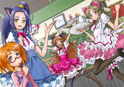 Rule 34 | 10s, 4girls, animal ears, black legwear, blue eyes, blush, bow, brown hair, cat ears, cat tail, classroom, cup, cupcake, eunos, glasses, green eyes, high heels, highres, houjou hibiki, hummy (suite precure), kurokawa eren, long hair, menu, minamino kanade, mouth hold, multiple girls, orange hair, outstretched arms, pantyhose, pink bow, precure, purple hair, school, seiren (suite precure), shirabe ako, short hair, smile, spoon, spread arms, suite precure, tail, teacup, teapot, thigh strap, tray, twintails, waitress, yellow eyes