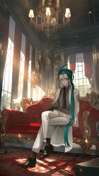 Rule 34 | 00kashian00, 1girl, absurdres, alternate costume, black footwear, chandelier, closed mouth, coat, collared shirt, commentary request, couch, creatures (company), crossed legs, game freak, glasses, gloves, green hair, hair over shoulder, half-closed eyes, highres, indoors, long hair, looking down, necktie, nintendo, open clothes, open coat, pants, pokemon, pokemon sv, ponytail, rika (pokemon), shirt, shoes, sitting, socks, solo