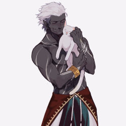 Rule 34 | 1boy, animal, black skin, bracelet, cat, closed eyes, closed mouth, colored skin, cowboy shot, facing viewer, hexermer, highres, holding, holding animal, jewelry, male focus, mukai (kof), pointy ears, short hair, simple background, standing, the king of fighters, white background, white hair