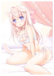 Rule 34 | 1girl, ahoge, animal ears, bare shoulders, bed, bell, between legs, blue eyes, blush, bow, bra, breasts, cat cutout, cat ear panties, cat ears, cat lingerie, choker, cleavage, cleavage cutout, clothing cutout, curtains, earrings, eyebrows, frills, hair bow, hair ornament, half updo, hand between legs, hlz, indoors, jewelry, jingle bell, long hair, meme attire, navel, neck bell, on bed, open mouth, original, panties, pillow, pink bow, pink hair, side-tie panties, sitting, solo, stomach, tail, underwear, underwear only, white panties