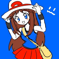 Rule 34 | 1girl, :3, :d, bad id, bad pixiv id, bag, bare shoulders, blue background, blue eyes, blue shirt, blush, breasts, brown hair, creatures (company), eyelashes, facing viewer, fingernails, game freak, green (pokemon), handbag, hands on headwear, hat, leaning to the side, long hair, looking at viewer, lowres, medium breasts, miniskirt, nintendo, open mouth, pleated skirt, poke ball theme, pokemon, pokemon adventures, red skirt, shirt, simple background, skirt, smile, solo, standing, tank top, tareme, white hat, wristband, yatsuhashi otogi, yellow bag