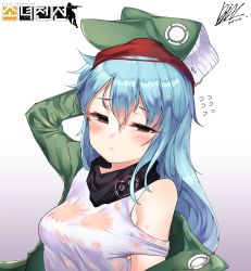 Rule 34 | 1girl, 2018, arm behind head, arm up, bare shoulders, bil-ajeossi, blue hair, blush, breasts, brown eyes, closed mouth, copyright name, dated, english text, flying sweatdrops, g11 (girls&#039; frontline), girls&#039; frontline, gradient background, green hat, green jacket, hair between eyes, hat, highres, jacket, long hair, looking at viewer, medium breasts, shirt, signature, solo, sweat, upper body, white shirt