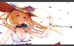 Rule 34 | 1girl, adjusting clothes, adjusting headwear, alternate costume, blush, breasts, brown hair, character name, cleavage, crop top, floating hair, flower, girls&#039; frontline, green eyes, hair between eyes, hair ribbon, hair rings, hat, hat flower, highres, hinawii, jewelry, large breasts, letterboxed, long hair, looking at viewer, ornate ring, ribbon, ring, scarf, sidelocks, simple background, smile, solo, springfield (girls&#039; frontline), straw hat, twintails, wedding ring, white background, wind