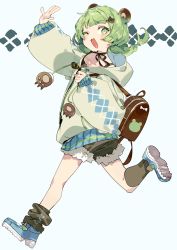 Rule 34 | 1girl, ;3, animal ears, animare, argyle clothes, argyle hoodie, arm up, backpack, bag, bear ears, bear paws, black necktie, blue footwear, braid, brown bag, brown hoodie, brown legwear, clover print, commentary request, foot out of frame, fur-trimmed shorts, fur trim, green eyes, green hair, grey background, highres, hinokuma ran, hood, hoodie, karei, leg up, looking at viewer, nanashi inc., necktie, one eye closed, open mouth, over shoulder, shoes, short hair, shorts, simple background, sneakers, solo, spaghetti strap, twin braids, virtual youtuber, waving, zipper, zipper pull tab