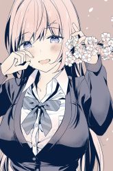 Rule 34 | 1girl, black jacket, blazer, blouse, blue eyes, blush, bow, cherry blossoms, collared shirt, crying, crying with eyes open, flower, hand on own face, highres, jacket, long hair, long sleeves, looking at viewer, open mouth, original, petals, pink hair, school uniform, see-through, see-through shirt, shirt, simple background, solo, tears, uniform, white shirt, yu yu