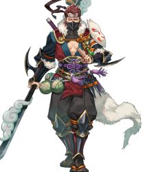 Rule 34 | 1boy, fire emblem, fire emblem fates, fire emblem heroes, fox mask, headband, highres, holding, holding polearm, holding weapon, japanese clothes, kunai, male focus, mask, mask on shoulder, mouth mask, ninja, nintendo, non-web source, official alternate costume, official art, one eye closed, pectoral cleavage, pectorals, polearm, rope, saizo (fire emblem), saizo (ninja) (fire emblem), salute, scar, scar across eye, shimenawa, solo, straight-on, tabi, two-finger salute, v-shaped eyebrows, weapon