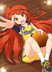 Rule 34 | 10s, 1girl, :d, arm warmers, bad id, bad pixiv id, ball, banana (hirane1988), basketball, basketball (object), basketball uniform, between legs, clothes writing, collarbone, headband, idolmaster, idolmaster million live!, long hair, looking at viewer, lying, ogami tamaki, on back, open mouth, outstretched arm, palms, shirt, shoelaces, shoes, shorts, sleeveless, sleeveless shirt, smile, sneakers, socks, solo, sparkle, sportswear, white socks, wooden floor