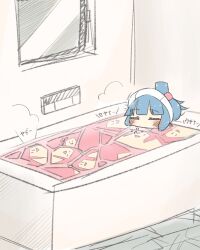 Rule 34 | &lt;boss&gt;, 1girl, = =, bathing, bathroom, bathtub, blue hair, blunt bangs, blush, blowing bubbles, commentary request, creature, folded ponytail, highres, indoors, kotonoha aoi, molten, mouth under water, partially submerged, pink hair, raised eyebrows, seyanaa, sidelocks, solo, steam, towel, towel on head, translation request, voiceroid, wide shot, window