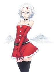 Rule 34 | 1girl, angel wings, black thighhighs, blue eyes, breasts, christmas, commentary request, cowboy shot, dress, elbow gloves, feathered wings, feathers, gloves, hair ornament, hairpin, highres, looking at viewer, low wings, original, red dress, red gloves, red skirt, santa costume, short hair, simple background, skirt, small breasts, smile, solo, standing, sugi 214, thighhighs, white background, white feathers, white hair, white wings, wings